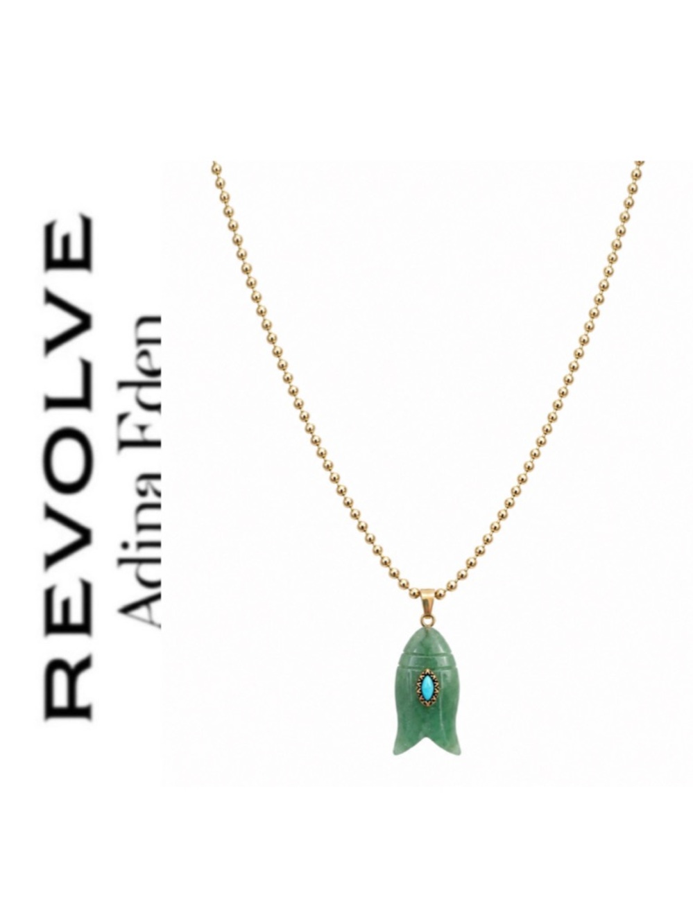 Revolve x Adina Eden Carved Green Jade Fish Pendant & Gold Ball Chain